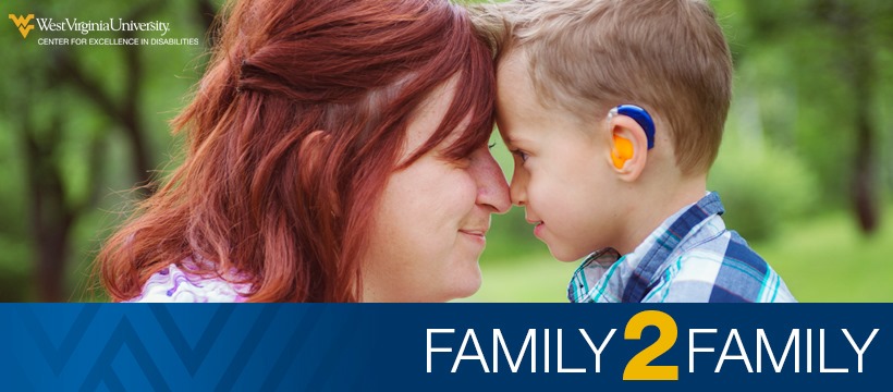 a photo of a mother putting her forehead to her son's forehead. her son is wearing hearing aids. graphic of text: family 2 family