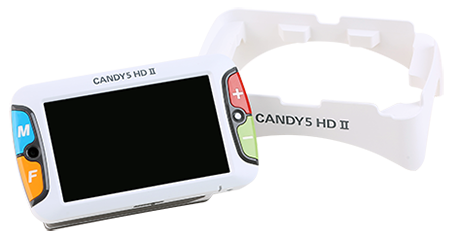 a photo of the Candy 5 HD Zoom – it has a large screen in the center and two large color coded buttons on either side