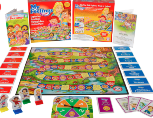 the Feelings game with all pieces, spinner and cards laid out