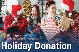 People exchanging gifts in a Santa hats